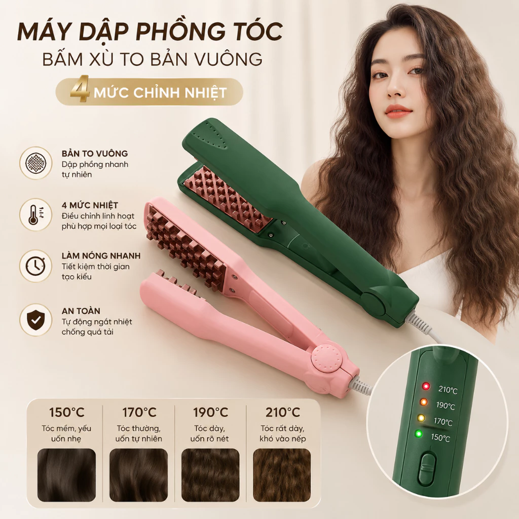 Máy Dập Phồng Tóc Bản To Vuông – Bấm Xù Chân Tóc, 4 Mức Chỉnh Nhiệt Cao Cấp,tiện lợi MY-1588