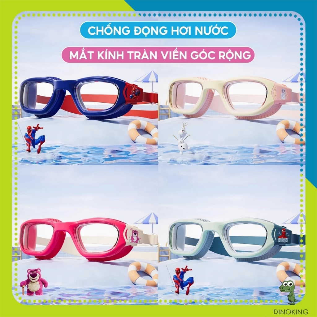 Kính bơi bé trai bé gái DINOKING kính bơi trẻ em chống đọng hơi nước tặng nút bịt tai nhiều màu sắc cho bé 3-12T PK15
