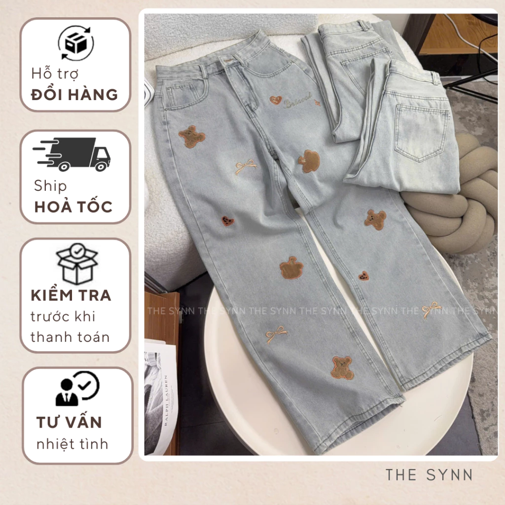 Q18 (S-XXL) Quần Jeans Nữ Xanh Nhạt Thêu Gấu Form Suông Basic