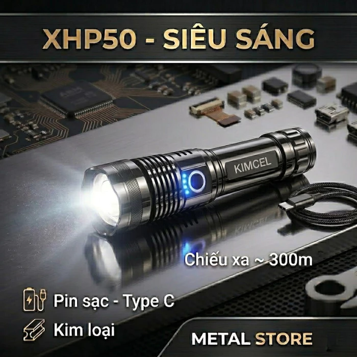 Đèn pin rp6000 siêu sáng xhp50 METALSTORE đèn pin cầm tay sạc điện