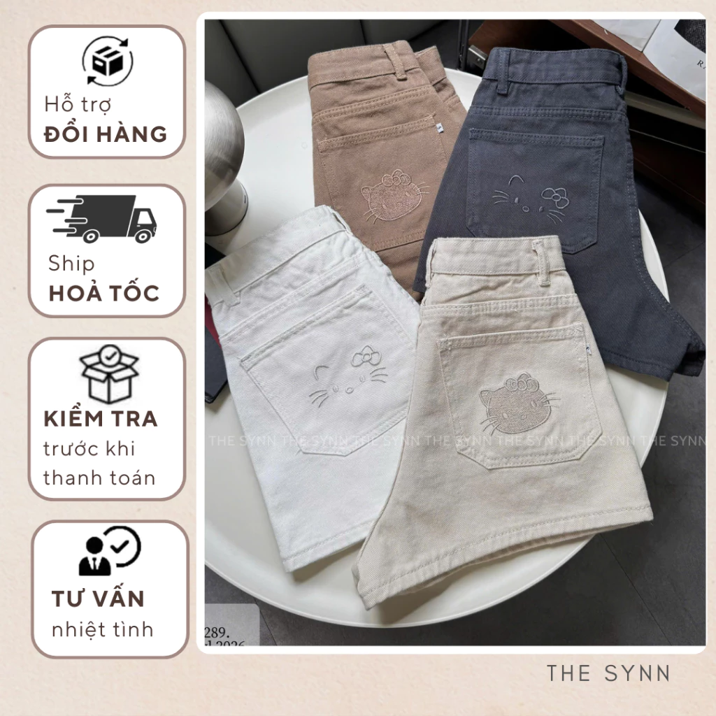 S01 - Quần Short Jeans Nữ Trơn Phong Cách Đơn Giản Thêu Hello Kitty