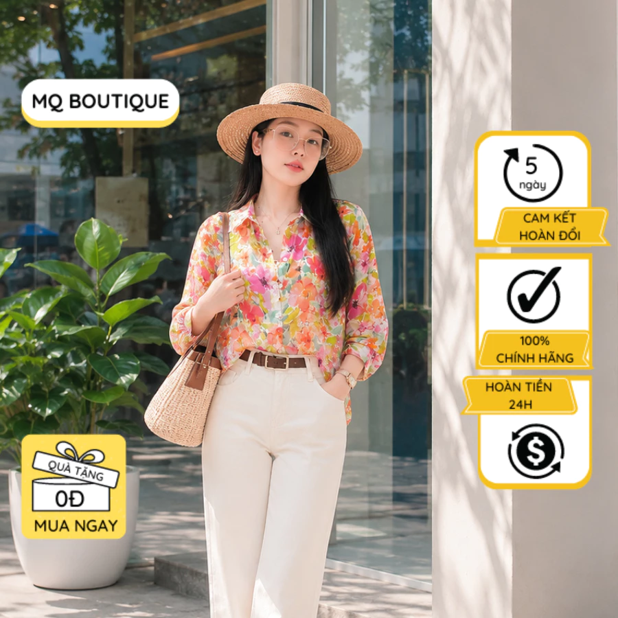 Áo Sơ Mi Tơ Boi dài tay Họa Tiết Hoa Cách Điệu Cao Cấp Công Sở Chất Mềm Mát Nhẹ, Áo Sơ Mi Thiết Kế MQ Boutique