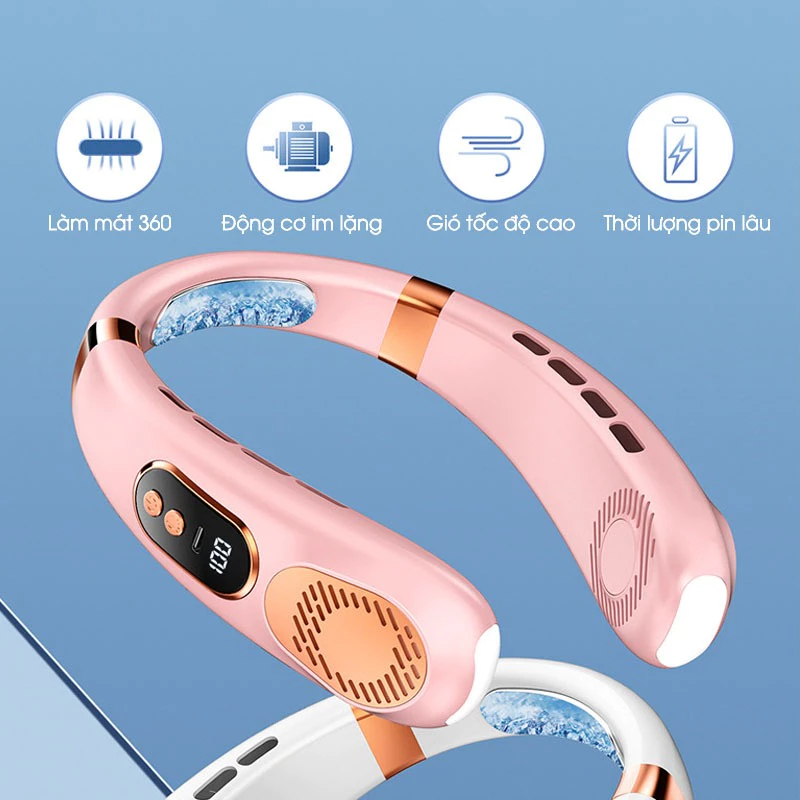 Quạt đeo cổ 5 tốc độ cầm tay, hiển thị pin kỹ thuật số, thiết kế không cánh an toàn，3 chế độ đèn tùy chọn