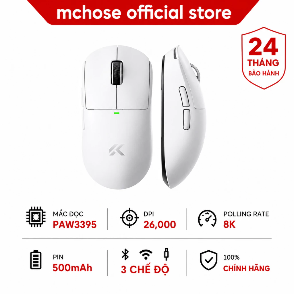 MCHOSE A5 V3 Trắng Chuột Không Dây Gaming 3 Chế Độ Bluetooth 8K PAW3395 26000DPI 56G Cho Laptop PC Game