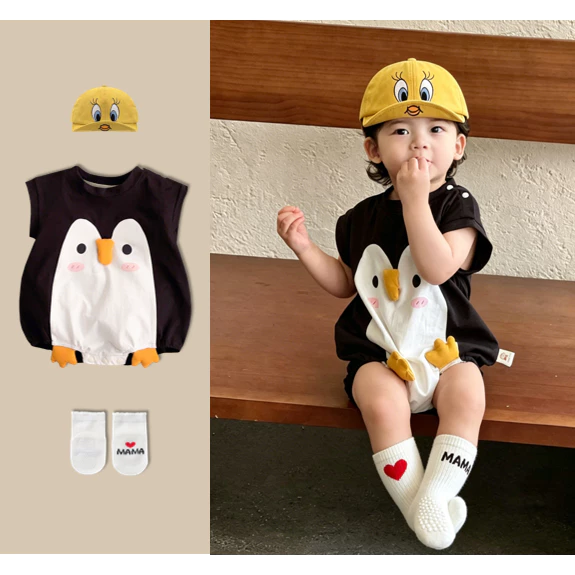 Bé bé và cô gái Mùa hè áo ngắn Jumpsuit Bông Dễ thương Black Penguin 0-24 M