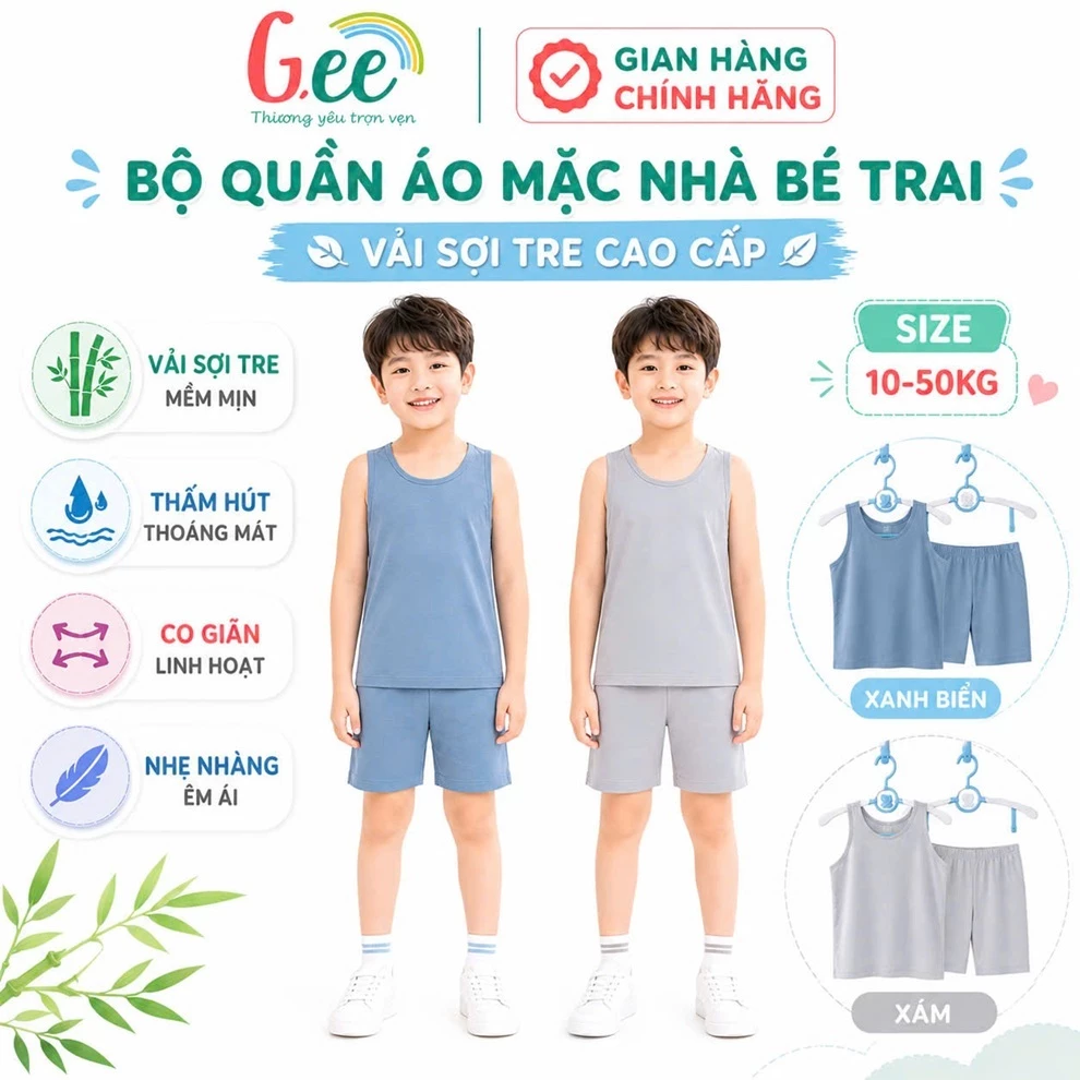 Bộ quần áo ba lỗ bé trai Gee sợi tre, đồ bộ mặc nhà bamboo, mềm mại, thoáng mát, thấm hút tốt, size 10-50kg