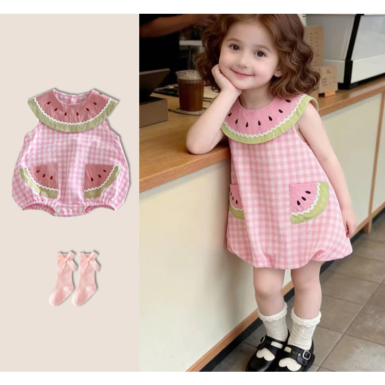 Bé con trai và cô gái Mùa hè áo ngắn Jumpsuit Bông Dễ thương phong cách Hàn Quốc Dương 0-24 M
