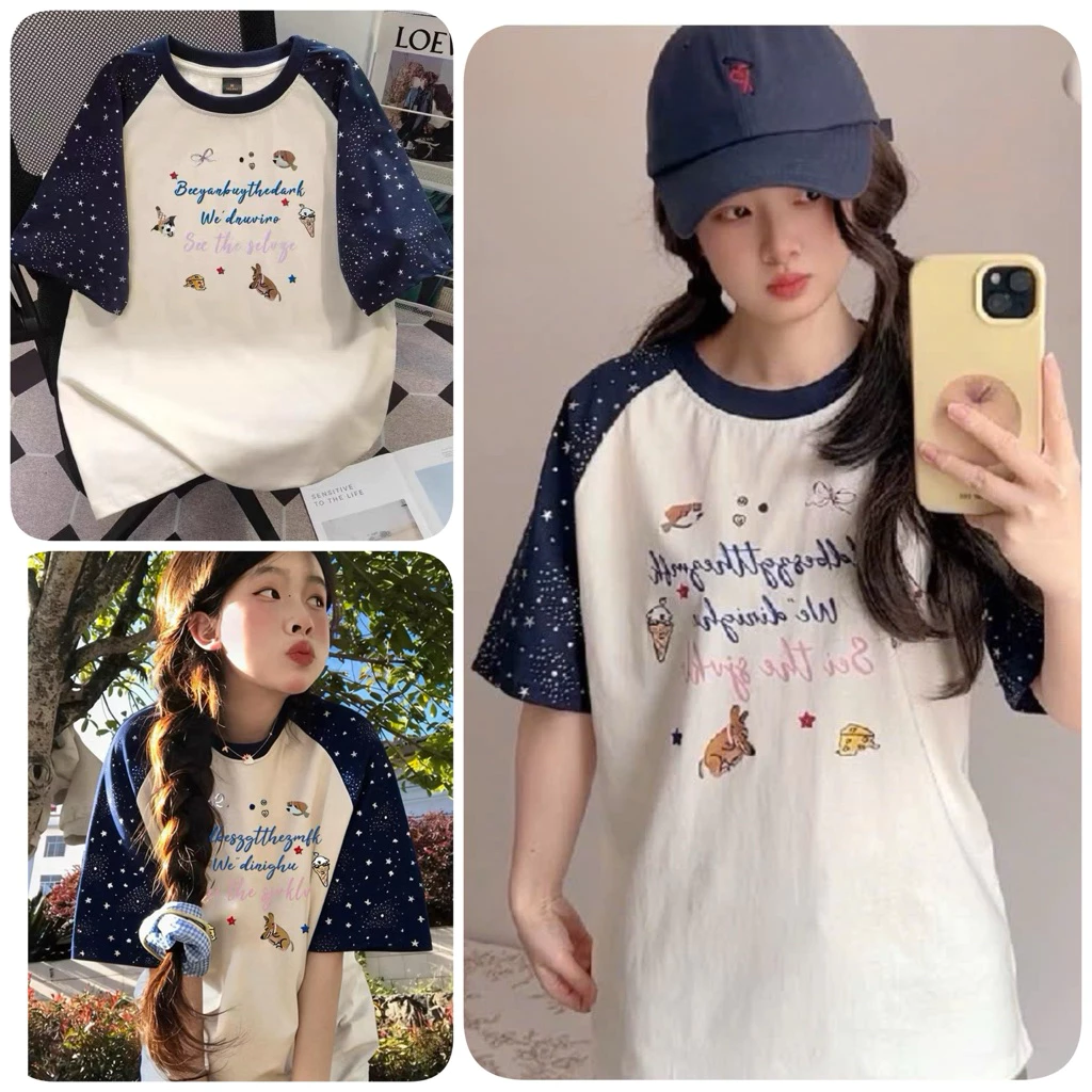 Áo Thun Raglan Nữ Cổ Tròn Tay Lỡ Phối Màu Ngôi Sao - Áo Phông Form Rộng In Hình Vintage Phong Cách Hàn Quốc Ulzzang