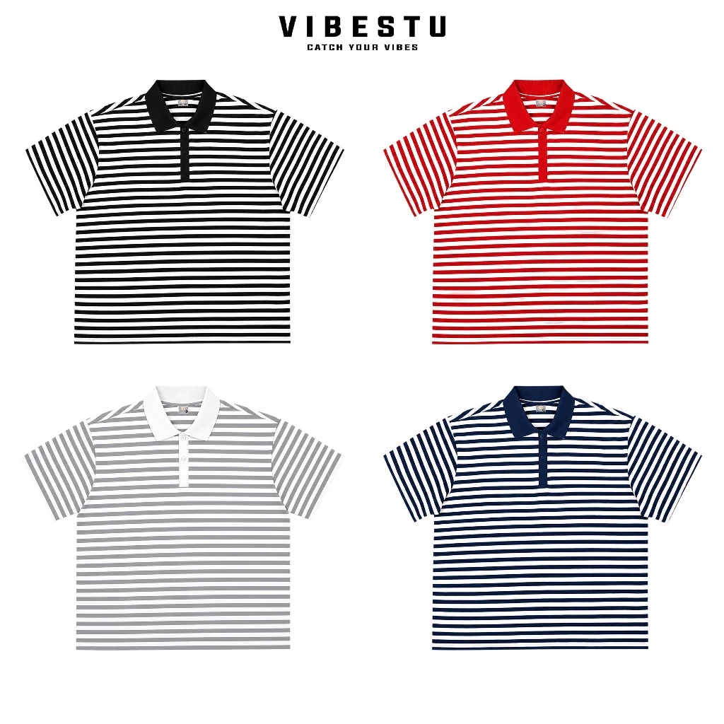 Áo Polo Trơn Sọc Ngang  Local Brand VIBESTU, Áo Polo Boxy Form Rộng Unisex 250Gsm Cotton