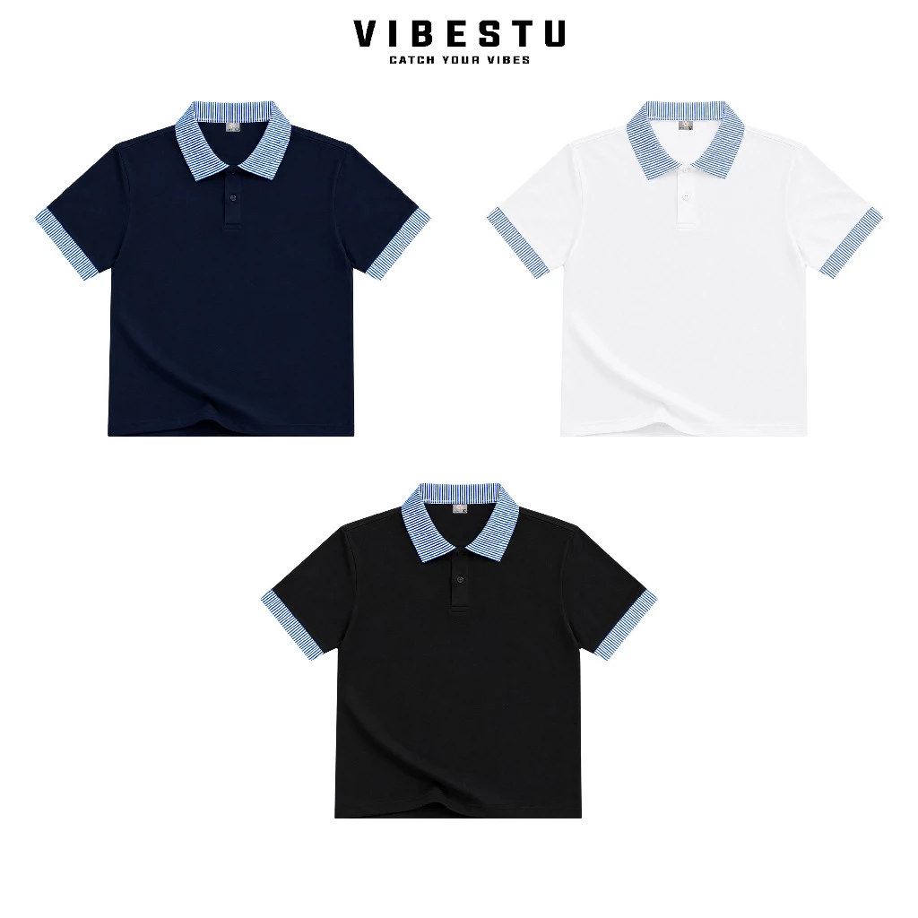 Áo Polo Trơn "Phối Cổ Sơ Mi"  Local Brand VIBESTU, Áo Polo Boxy Form Rộng Unisex 250Gsm Cotton