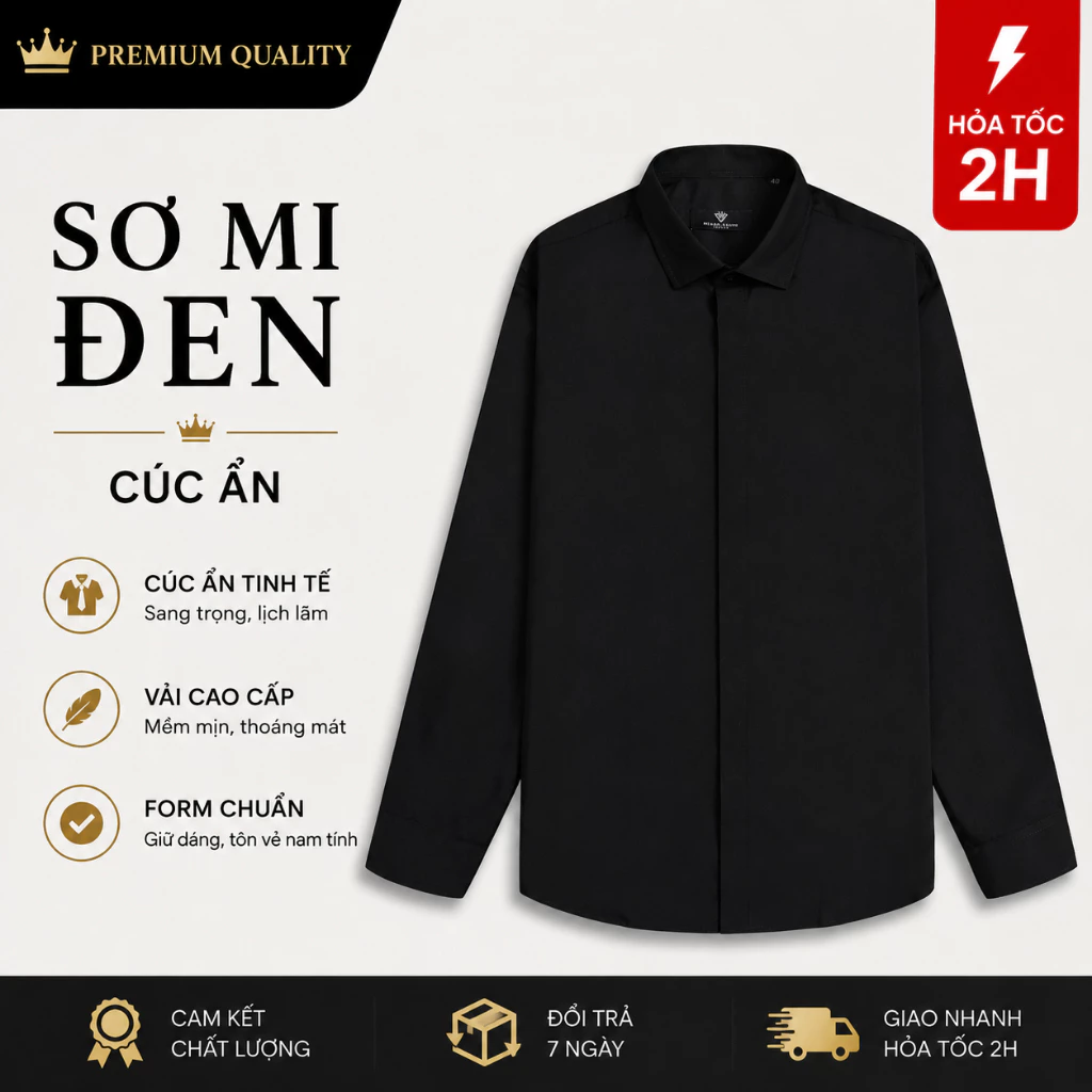 Áo Sơ Mi Đen Nam Dài Tay Form Slimfit - Lịch Lãm, Sang Trọng, Không Nhăn | Công Sở, Dự Tiệc