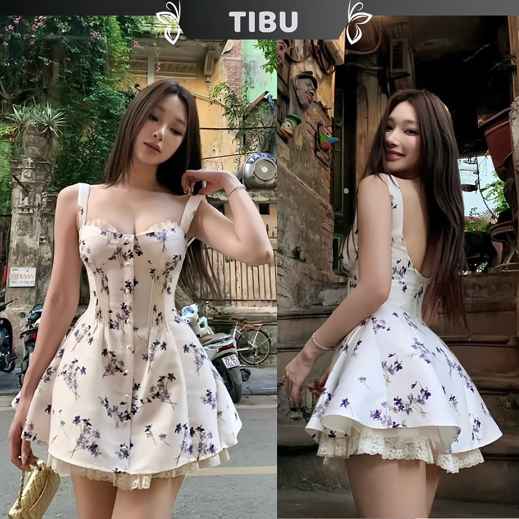 TIBU - Đầm Hai Dây Cổ Thuyền Hoa Nhí Xoè Tầng Sang Chảnh Phối Ren Đi Chơi Dự Tiệc Biển D750