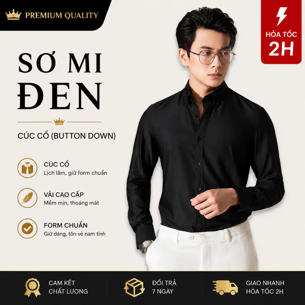 Áo Sơ Mi Đen Nam Dài Tay Heaven Classic Form Slimfit - Vải Mềm Mịn, Chống Nhăn, Sang Trọng