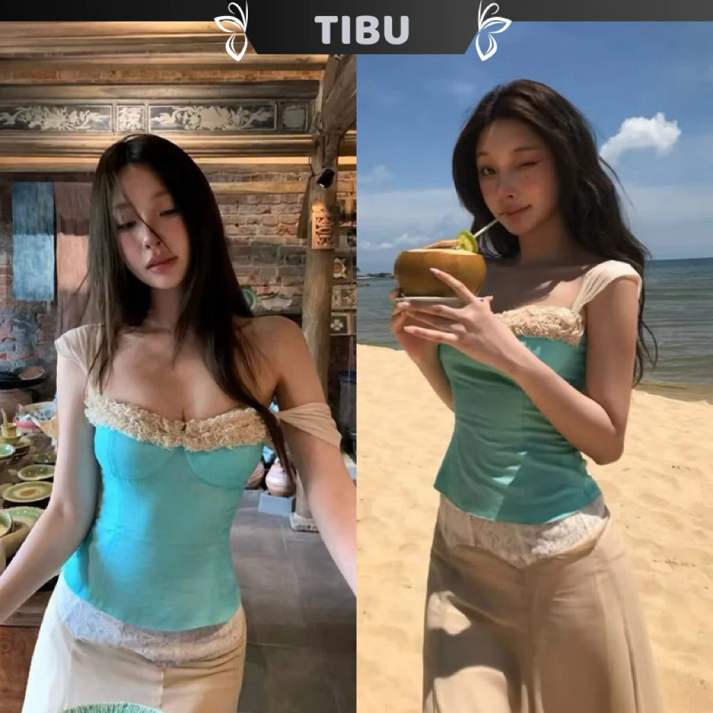 TIBU - Áo Kiểu Nữ Hai Dây Cuốn Bèo Cúp Ngực Xanh Sang Chảnh Lạ Mắt Đi Chơi Dạo Phố A749