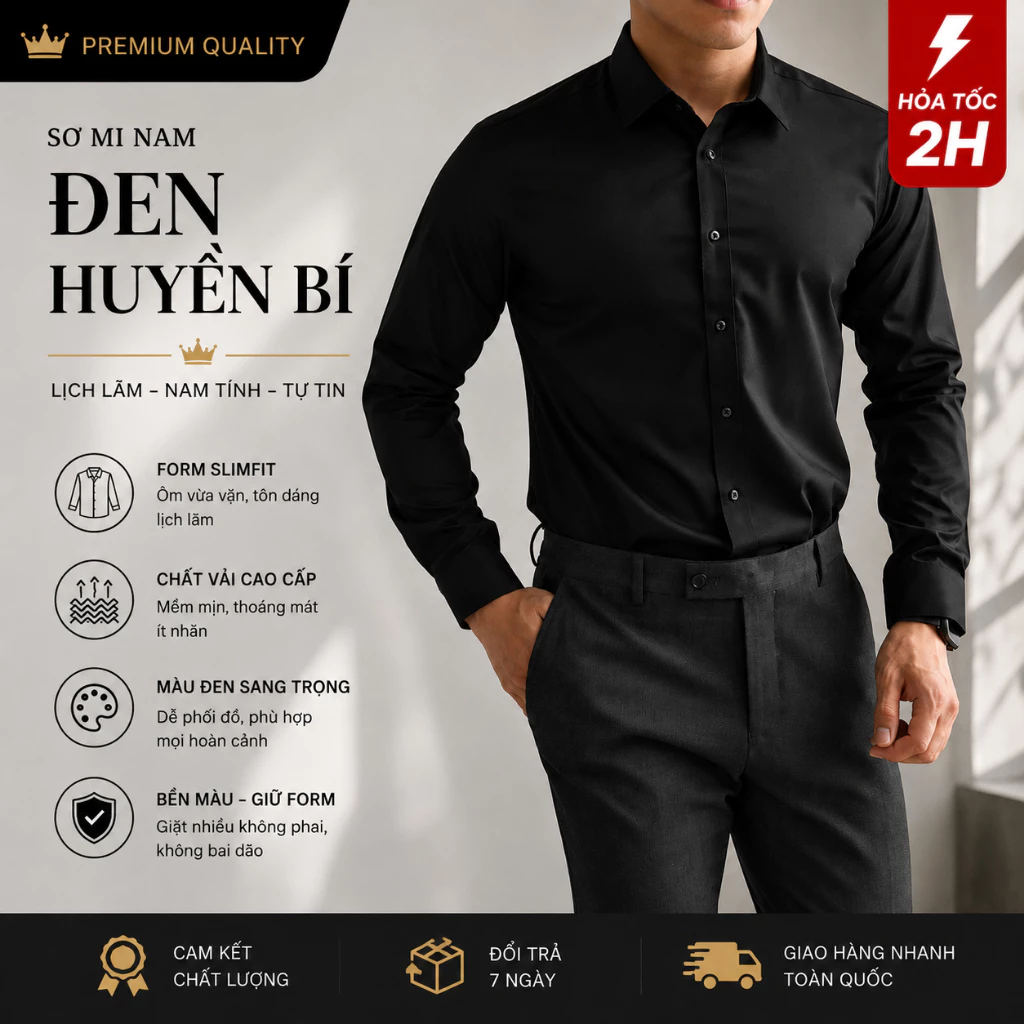 Áo Sơ Mi Nam Tay Dài HEAVEN CLASSIC Form Slimfit Cao Cấp Trắng Sữa/Đen