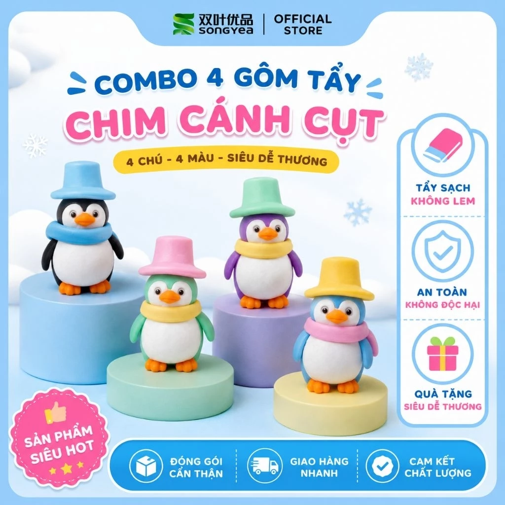 Combo💝 4 gôm tẩy bút chì hình chim cánh cụt đáng yêu