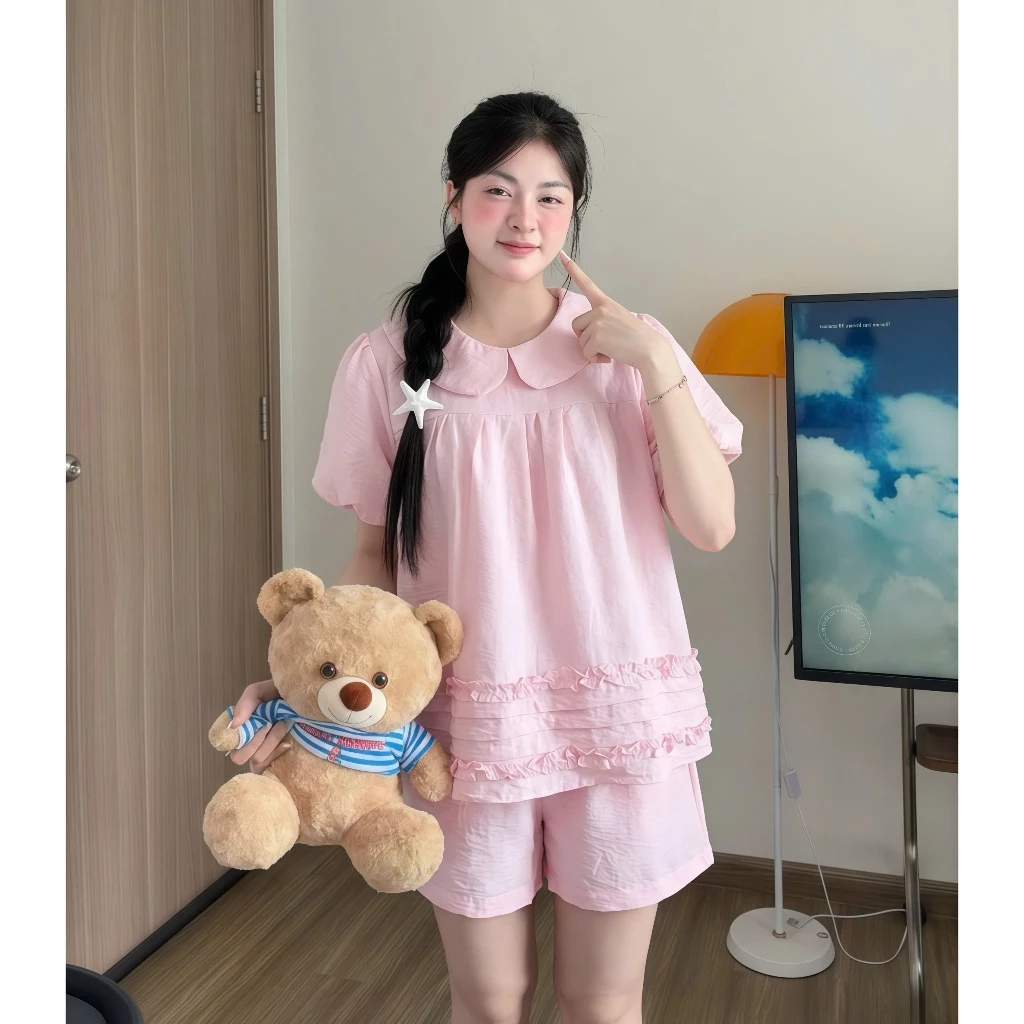 Kozoda Đồ Ngủ Đũi Vân Mây BN92 Họa Tiết Viền Sóng Bèo Dễ Thương Dáng Vừa Ngắn Tay Size Thoải Mái Chất Liệu Mềm Mại