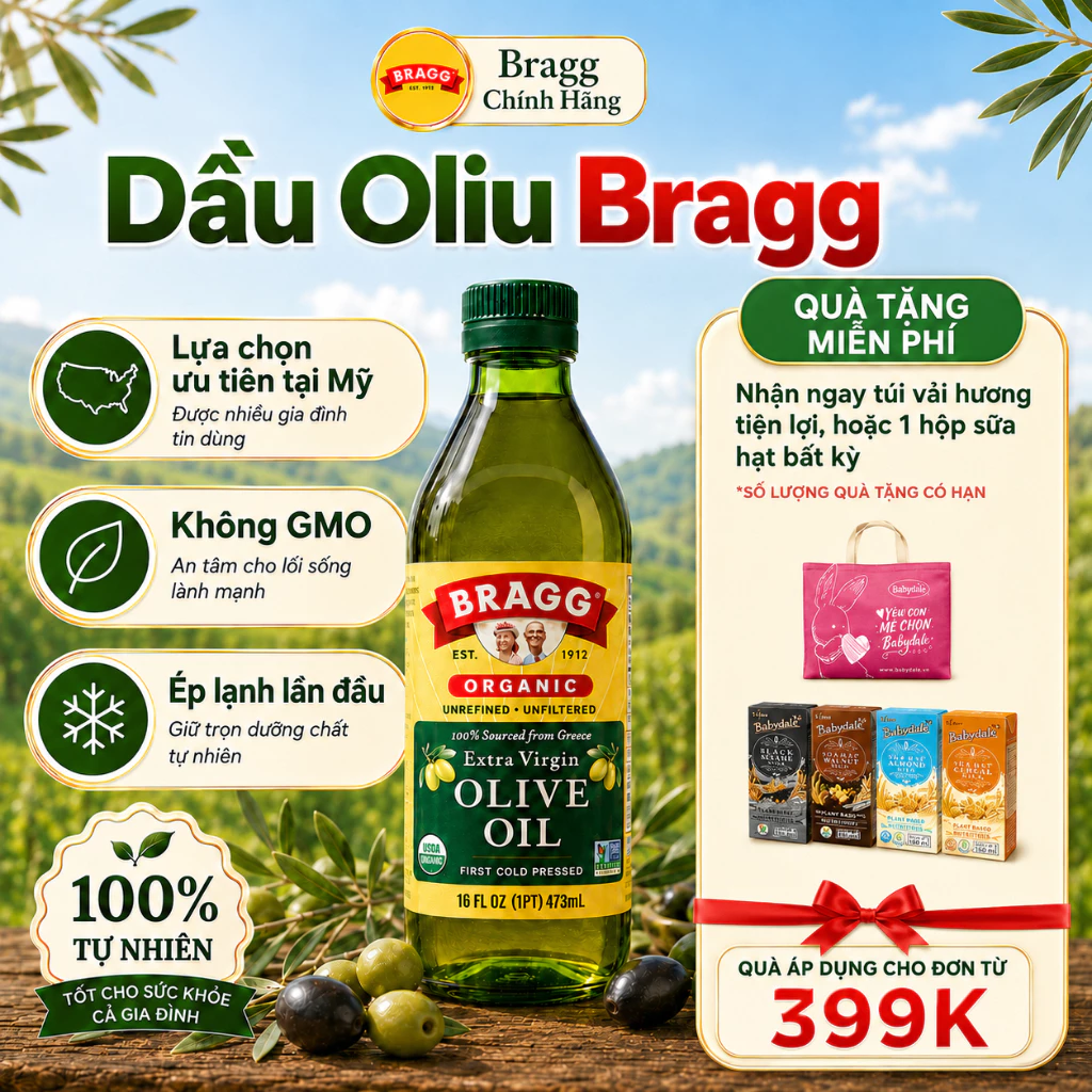 Dầu Oliu Hữu Cơ Ép Lạnh Bragg 473ml Nhập Khẩu Từ Mỹ