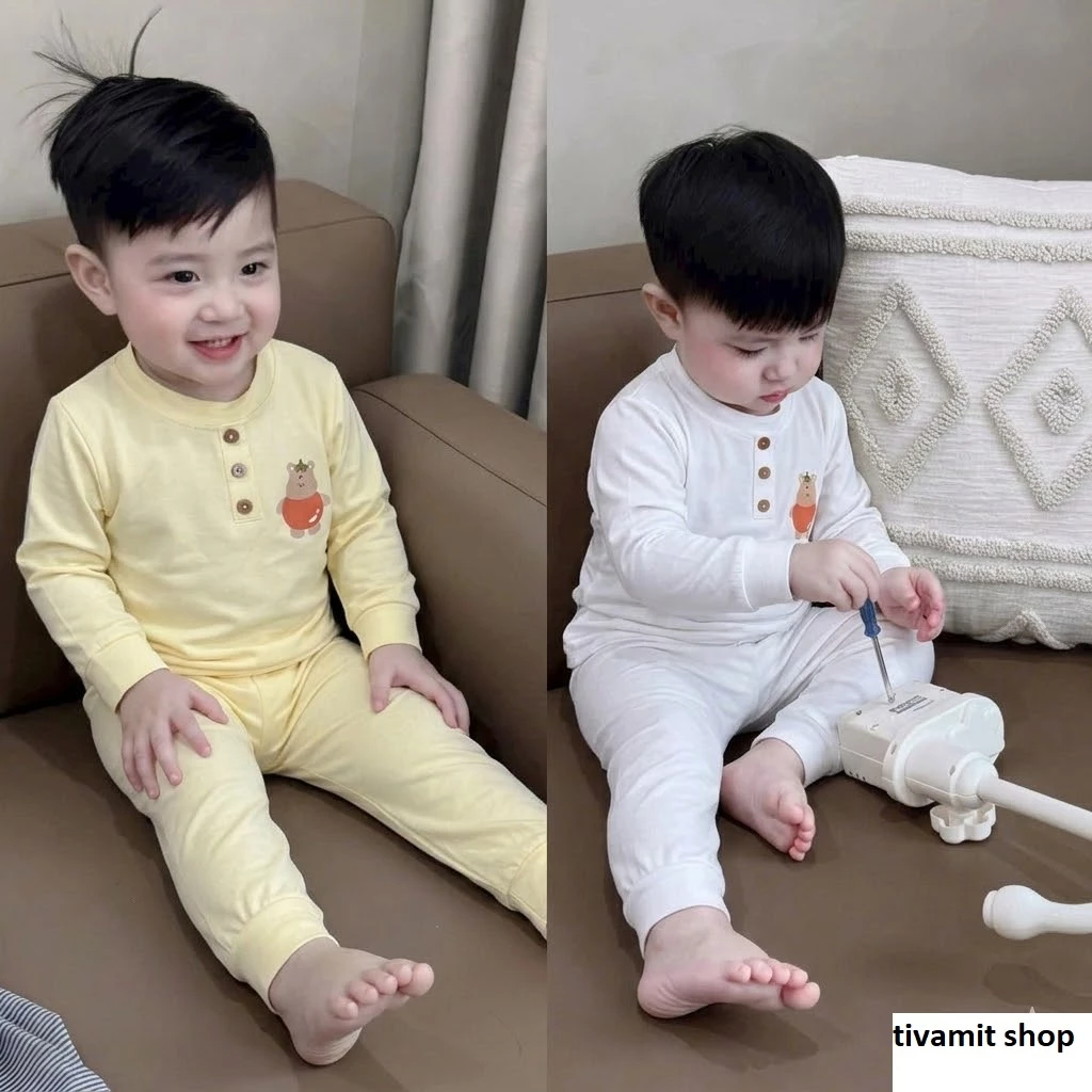 [Chất thun lạnh đẹp] Bộ dài thun lạnh cổ trụ in hình gấu cho bé