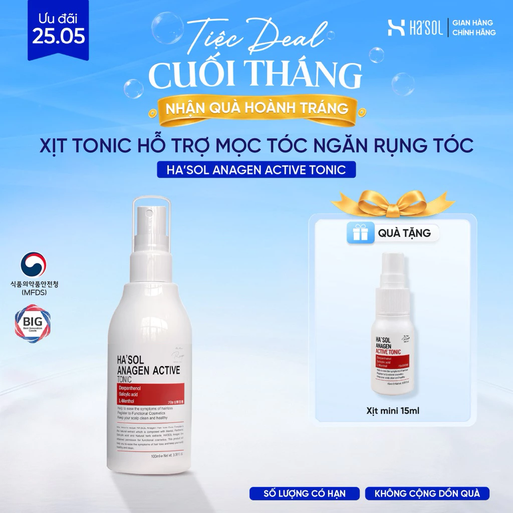 Xịt Tonic Hasol - Dưỡng Nang Tóc, Hỗ Trợ Mọc Tóc, Ngăn Rụng Dành Cho Tóc Rụng Mỏng Yếu Ha'sol Anagen Active Tonic 100ml