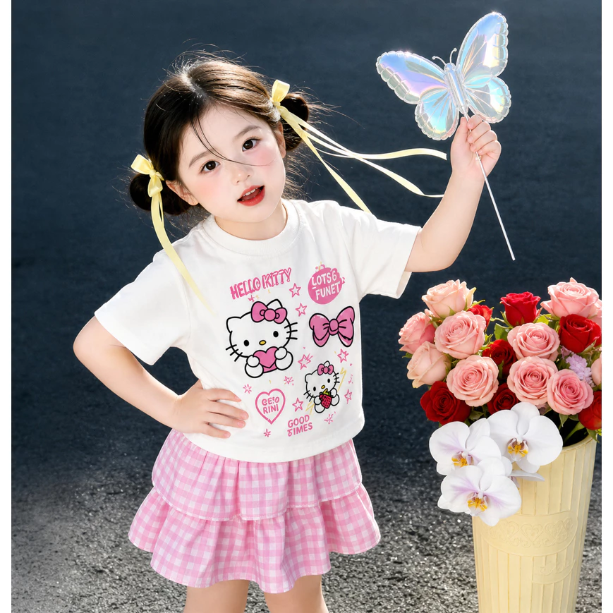 Sét Bộ Váy Xòe 2 Tầng, Áo In Hình Hello Kitty Chất Cotton Size 13-44kg. Model: VÁY 2T