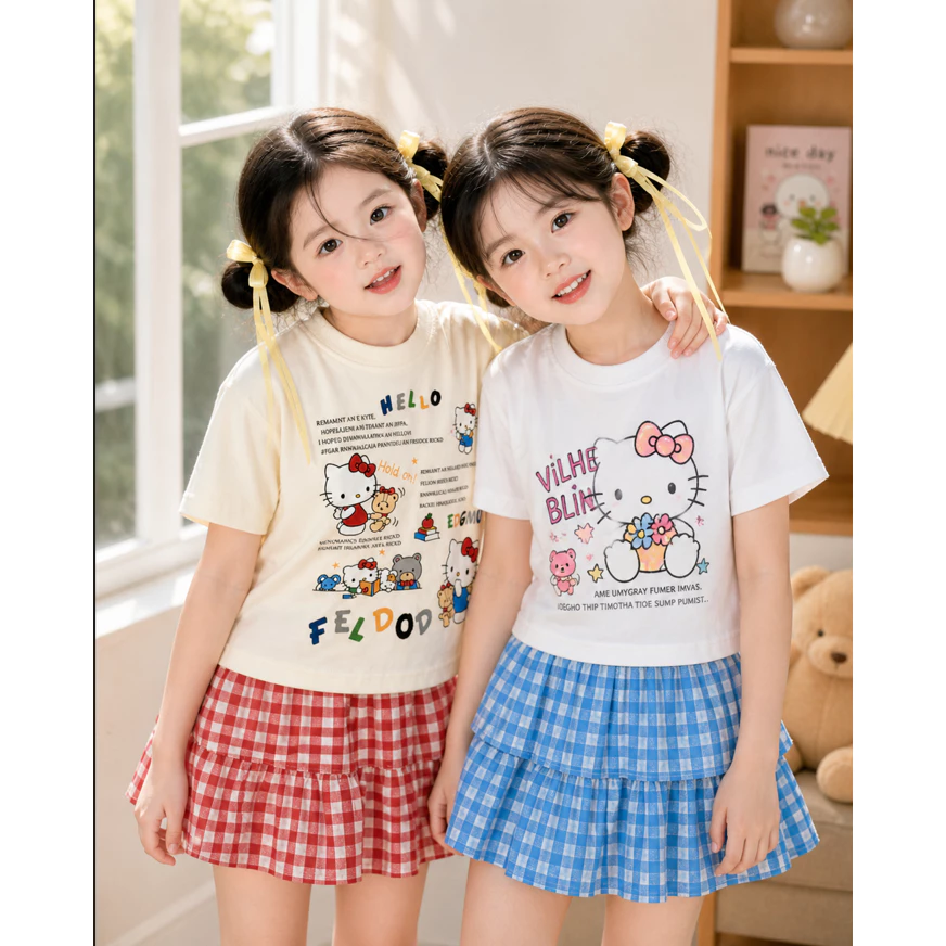 Sét bộ váy xòe 2 tầng, áo in hình hello kitty. Chất vải cotton size 13-44kg. MODEL: VÁY 2T