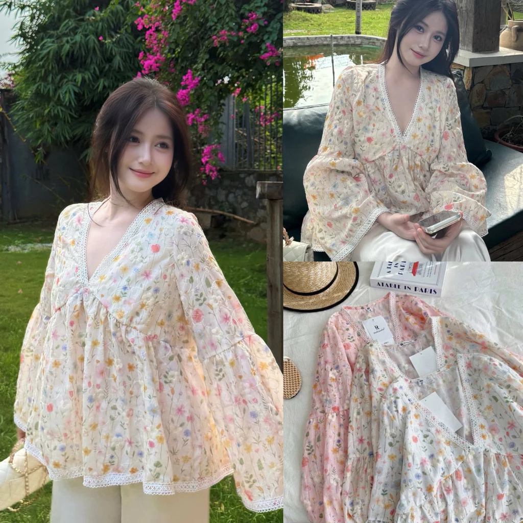 Áo Babydoll Cổ V viền Ren Thêu Hoa Nổi Tay Loe “Yoko top” form xoè