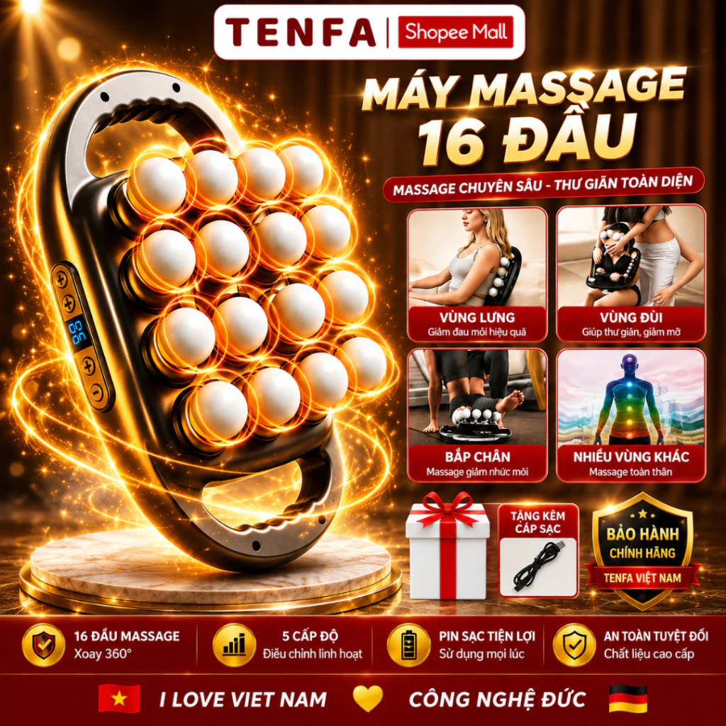 Máy Massage Cầm Tay METIS 16 Đầu, 9 Chế Độ 9 Cấp Độ Thư Giãn Toàn Thân Đa Năng Giảm Đau Mỏi