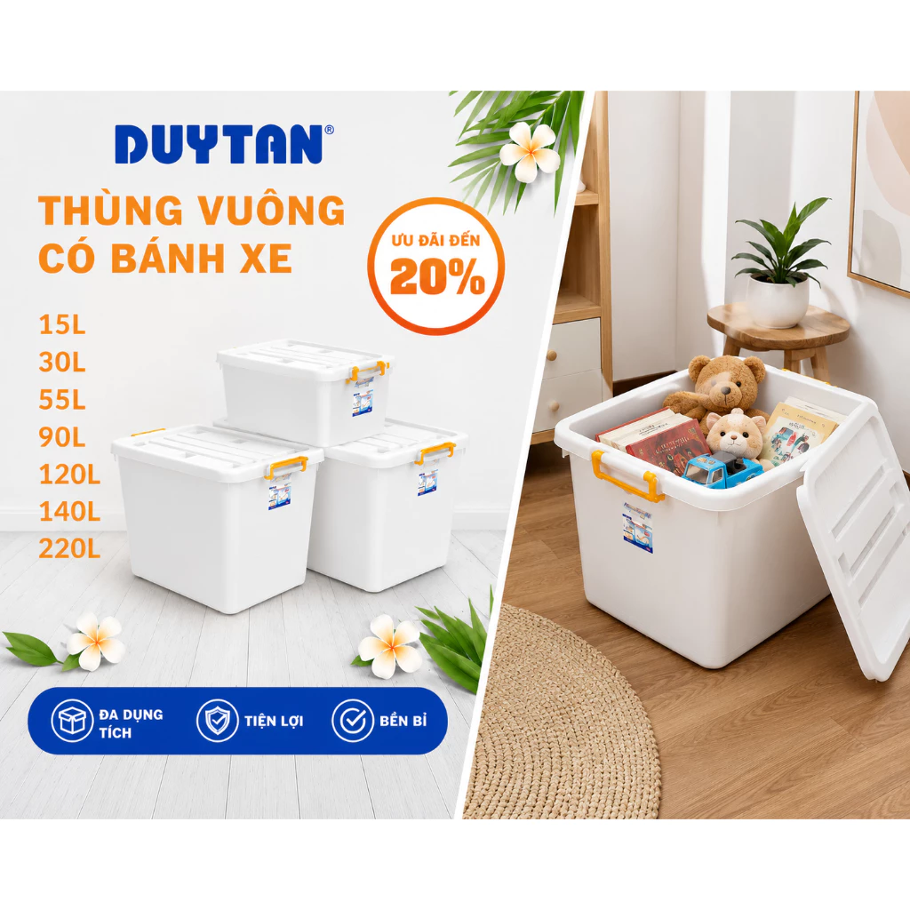 Thùng Nhựa Có Bánh Xe Duy Tân Cao Cấp Đủ Size - Hộp Nhựa Đựng Đồ Đa Năng Có Nắp Quai Xách 15L/30L/55L/90L/120L/140L