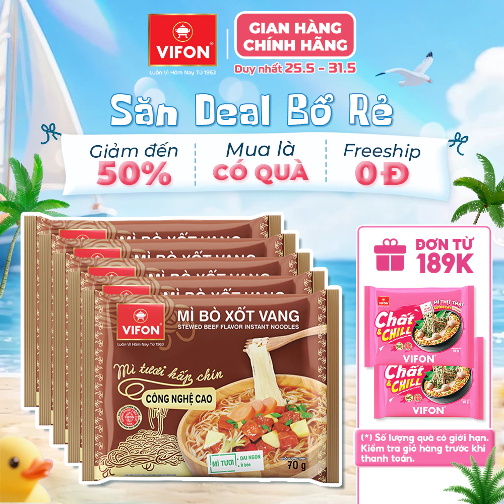 [VOUCHER HOT 10%] Set 5 Gói Mì Tươi Bò Xốt Vang/Thịt Bằm/Tôm Chua Cay VIFON - Sợi Dai Ngon, 70g/Gói