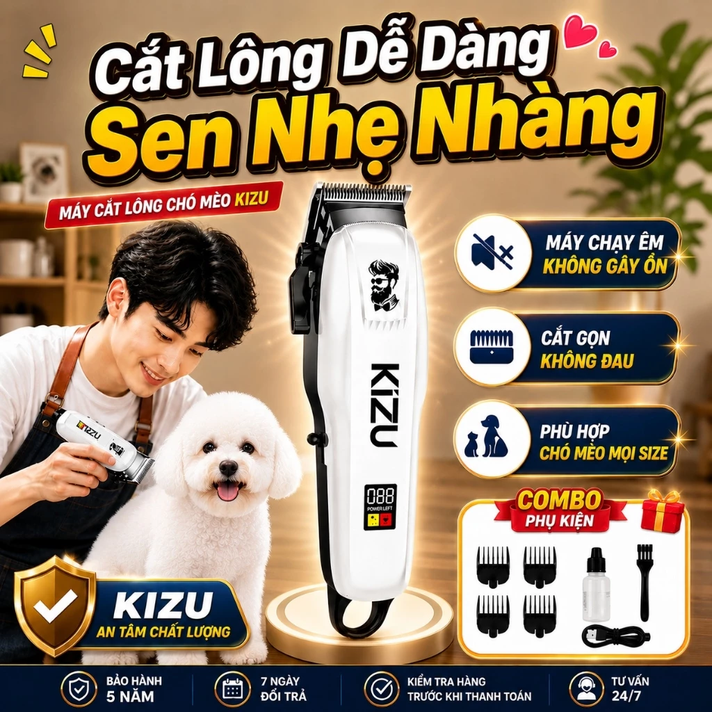 Tông Đơ Cắt Lông Chó Mèo Chuyên Nghiệp Kizu K869 - Máy Cạo Lông Thú Cưng Yên Tĩnh, Sạc USB, Pin Lâu