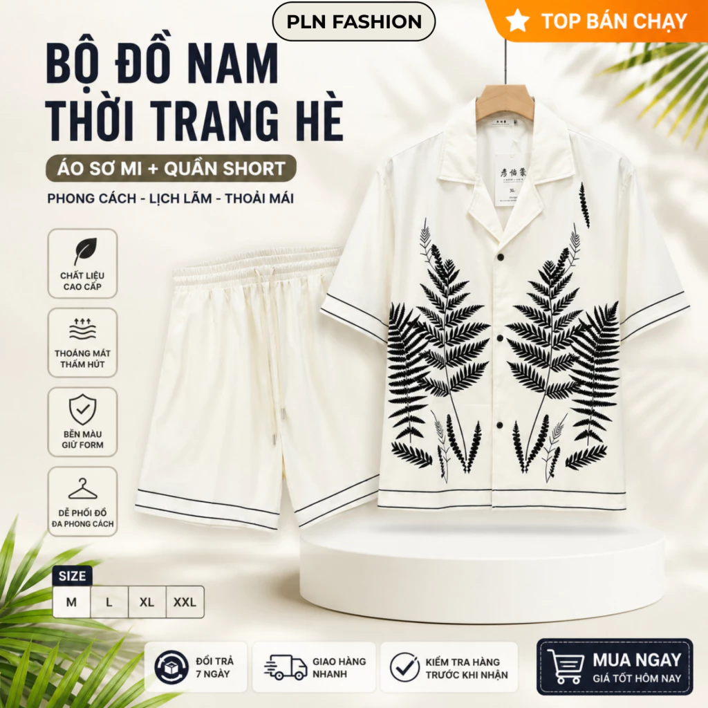 bộ đồ nam họa tiết đẹp sơ mi bộ trẻ trung form dáng đẹp, set quần áo sơ mi ngắn tay nam chất lụa mát