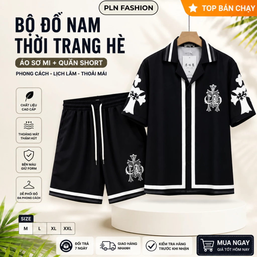 bộ đồ đi biển cộc tay nam chất lụa in họa tiết cực đẹp, áo sơ mi ngắn tay siêu thoáng mát PLN N11