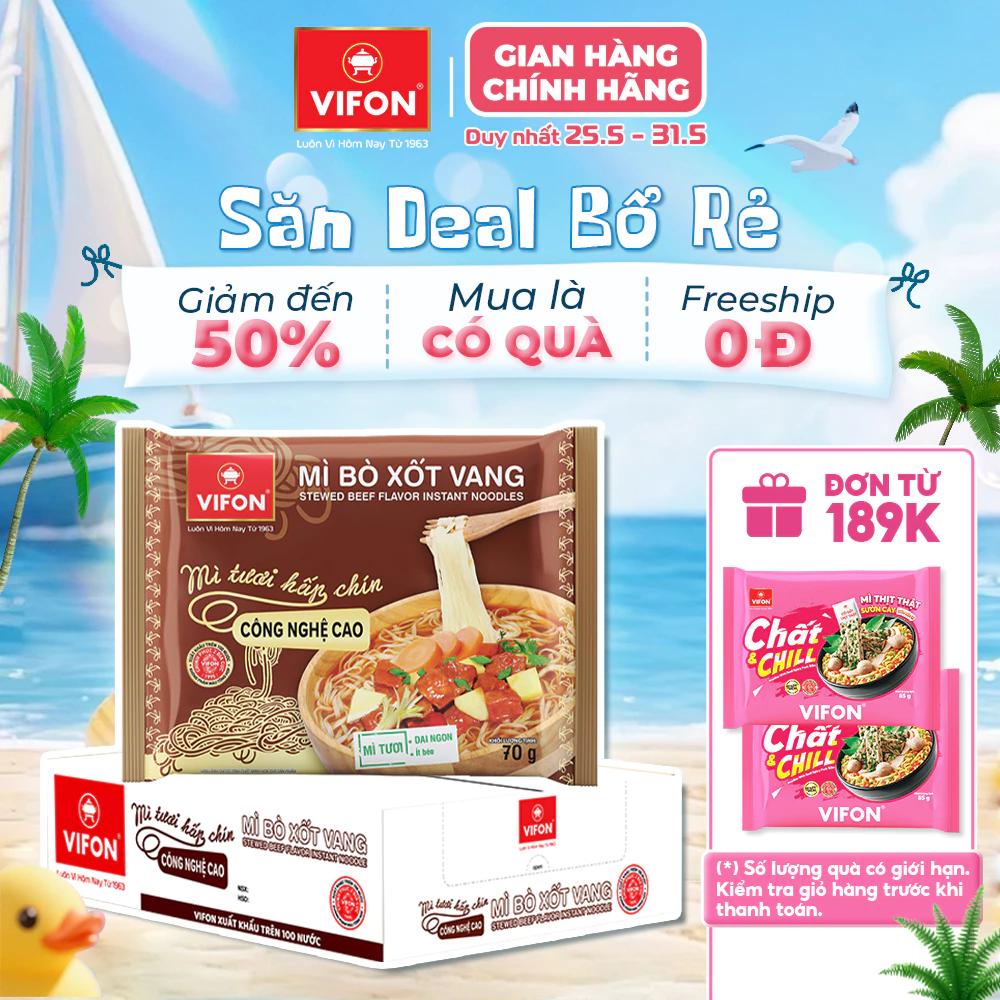 [VOUCHER HOT 10%] Thùng 30 gói Mì Tươi Bò Xốt Vang/ Thịt Bằm / Tôm Chua Cay VIFON 70gr/Gói