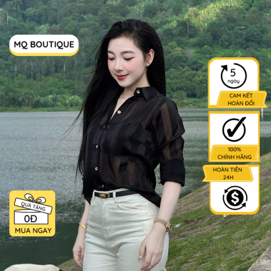 Áo sơ mi nữ lụa tằm dài tay cao cấp công sở họa tiết sọc đen nâu dáng cơ bản thanh lịch, áo sơ mi thiết kế MQ Boutique