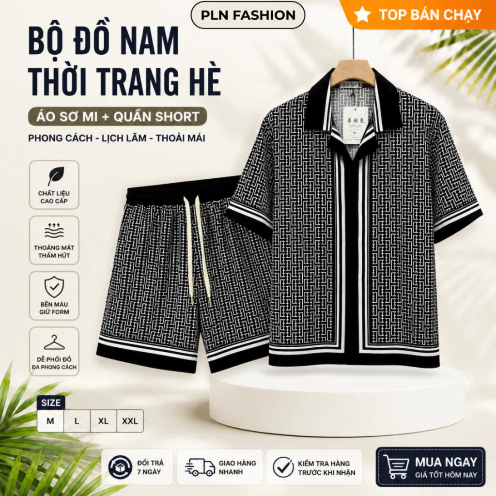 đồ bộ nam cộc tay chất vải lụa in họa tiết cao cấp, quần áo nam dáng suông phong cách trẻ trung N48