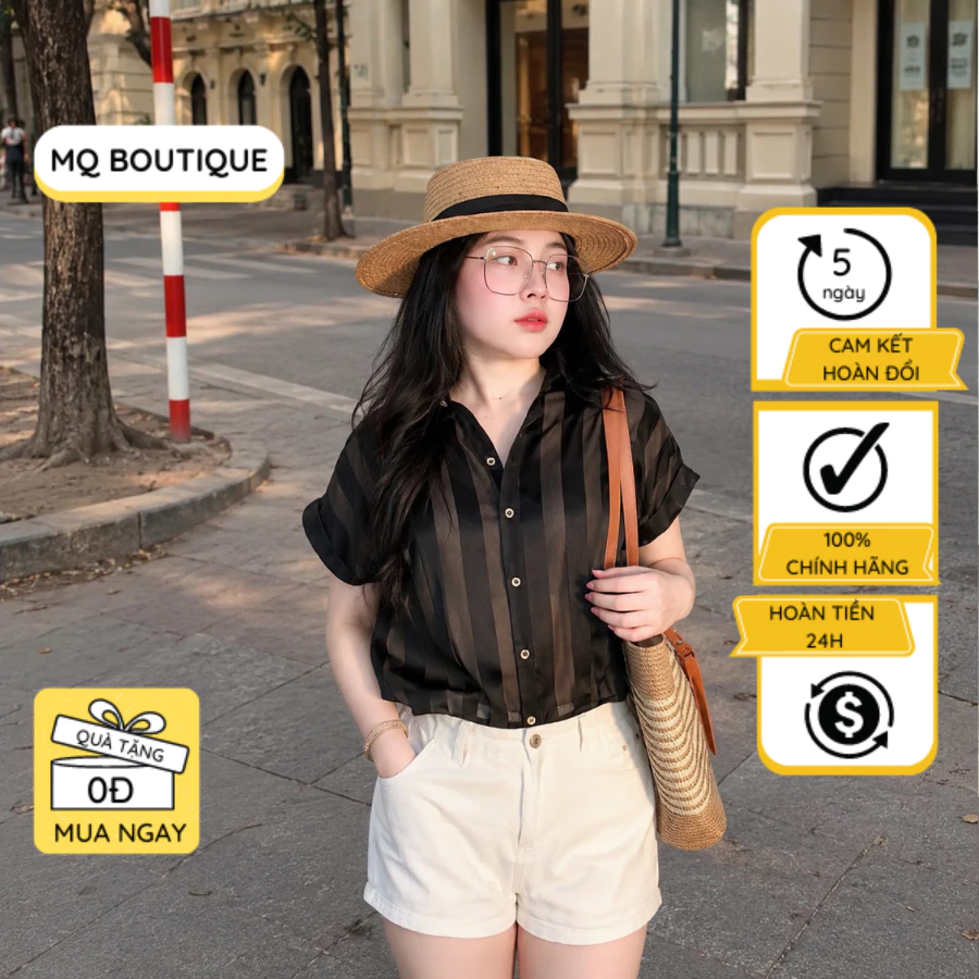 Áo sơ mi cộc tay cánh rơi lụa tắm sọc cao cấp thiết kế MQ Boutique dáng croptop công sở mềm nhẹ