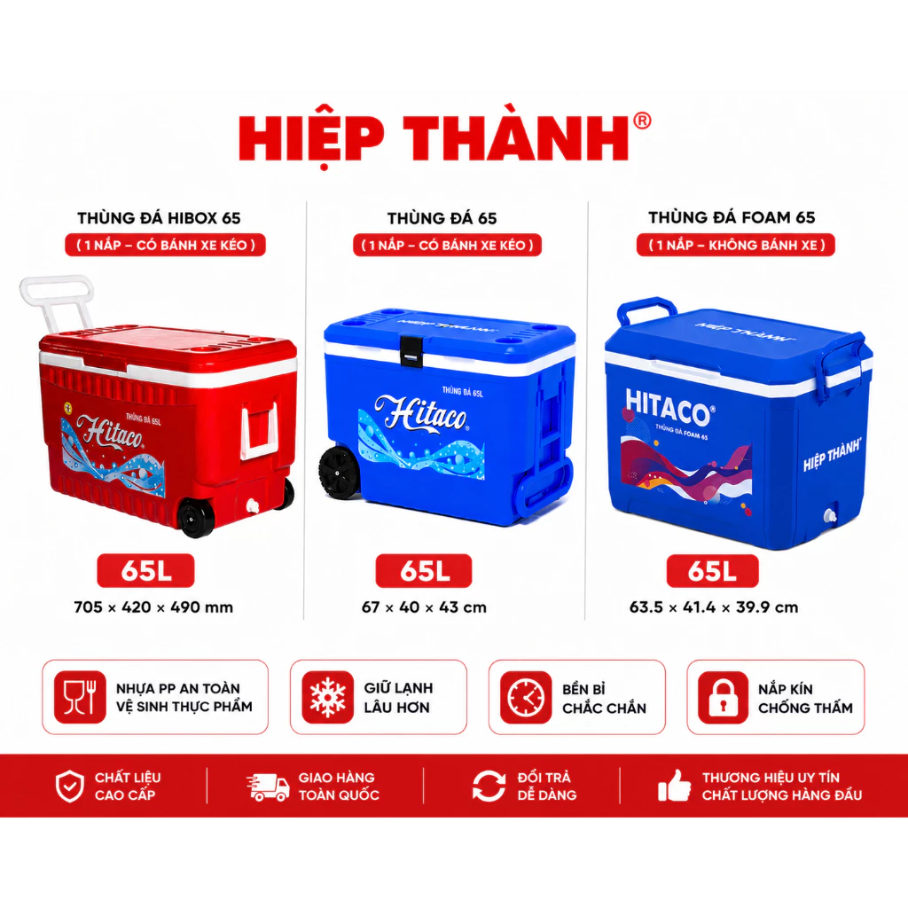 Thùng Đá Giữ Nhiệt 65L Hitaco Hiệp Thành Cao Cấp - Tùy Chọn Có Bánh Xe/Không Bánh Xe