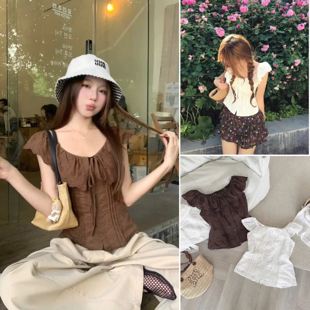 Áo Kiểu trễ vai tiểu thư ren boil nâu/trắng chun lưng buộc dây nơ ngực JENNY TOP