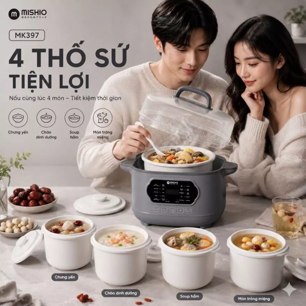 Nồi nấu chậm lòng sứ 3L Mishio MK397 kèm xửng hấp và 4 thố sứ tiện lợi không lo cháy khét
