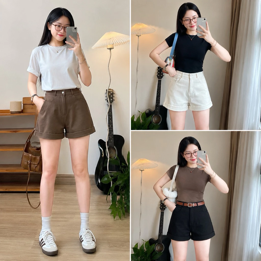 Quần Short Nữ Chất Jean Kaki Nữ Lưng Cao Màu Trắng Basic Đi Biển Quần Đùi Short Form Ngắn Chữ A Trẻ Trung 0222 23thang9