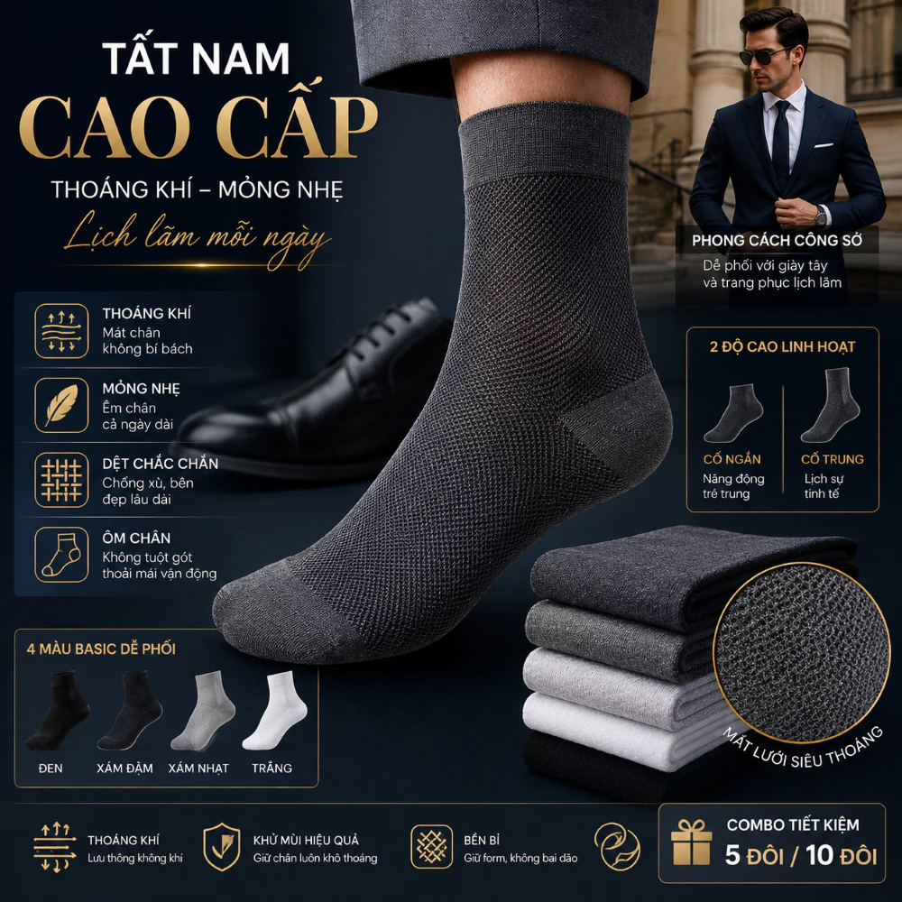 Tất lưới nam mùa hè thoáng khí TN3 chống mồ hôi chân co giãn tốt phù hợp đi giày thể thao giày da mọi lứa tuổi