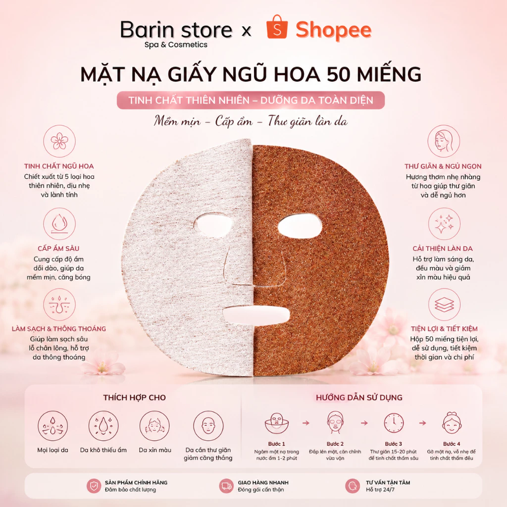 Mặt Nạ Ngũ Hoa 50 Miếng Mặt Nạ | Hạt Mầm Rong Biển Đắp Trắng Da | Dùng Trong Cá Nhân | Spa | Thẩm Mỹ Viện