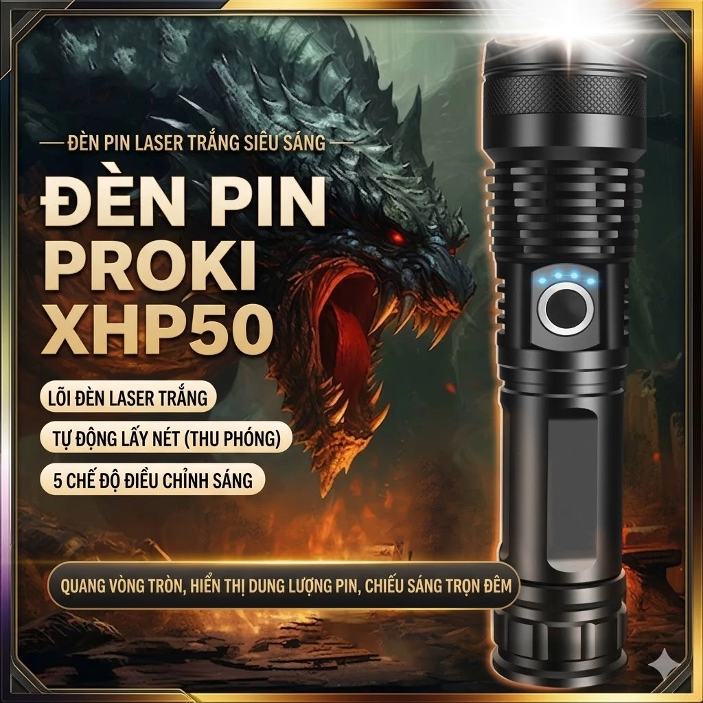 Đèn Pin Siêu Sáng XHP50 proki Chính Hãng Zoom Xa, Chống Nước, Sạc USB, Pin 18650/26650, Đèn Cầm Tay Đi Đêm Ngoài Trời