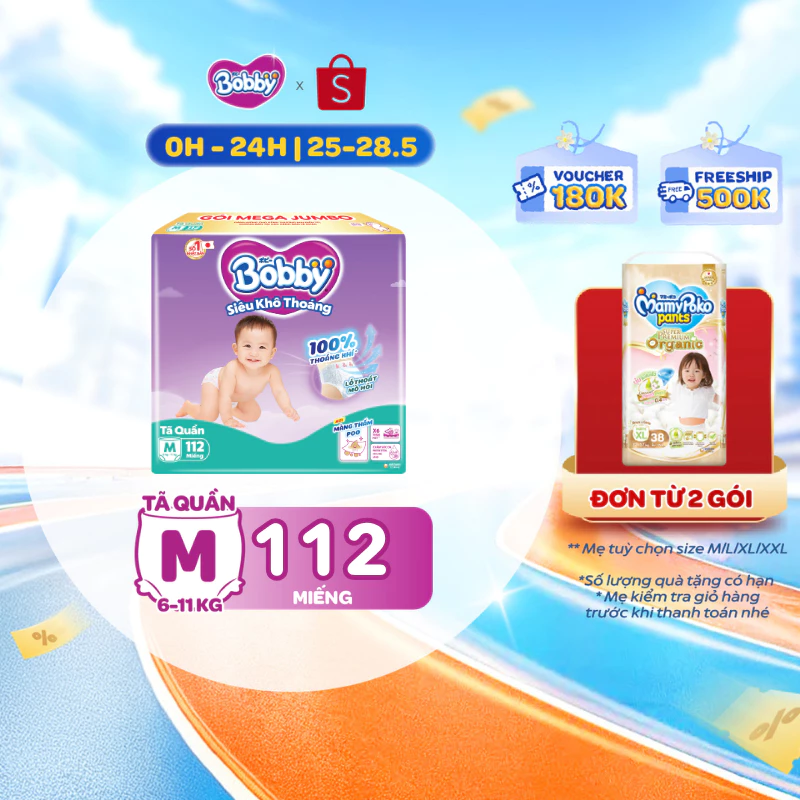[TẶNG MIẾNG NGẪU NHIÊN] Tã quần Bobby Khô Thoáng - 100% Thoáng Khí Mega Jumbo M112/L96/XL84/XXL76