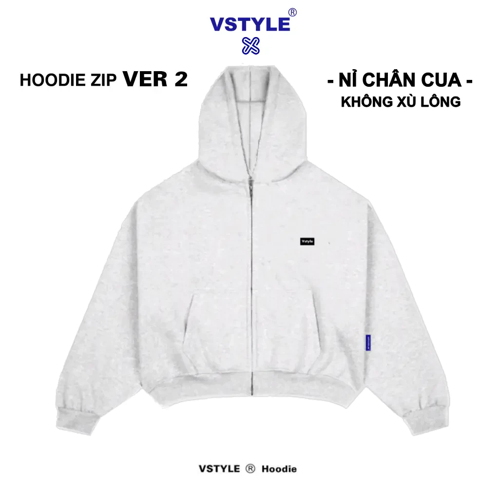[KHÔNG XÙ LÔNG] Áo Hoodie Zip Ver.2 Nỉ Chân Cua Logo Vstyle Unisex