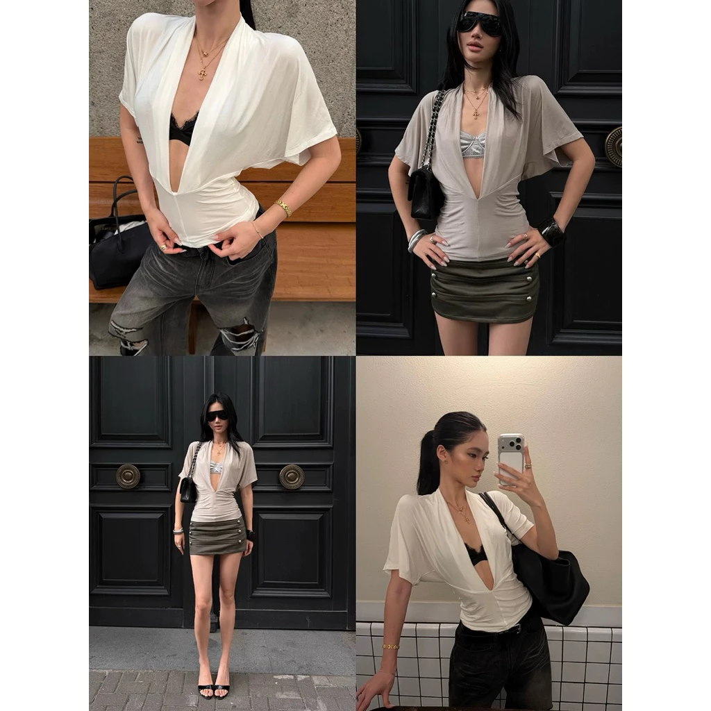 •Áo Draping Deep V Top – Áo kiểu cổ đổ xẻ sâu tay cánh dơi sang chảnh by QuynhTrangBasic