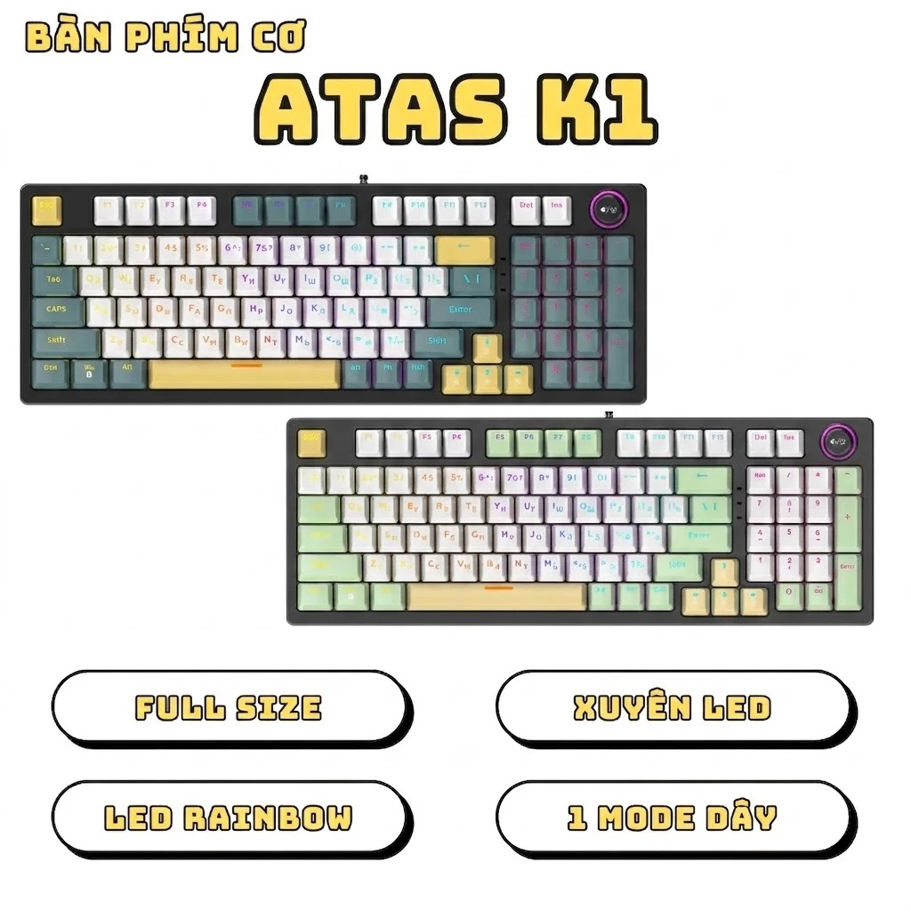 Bàn phím cơ gaming ATAS K1 - Full Size - Có núm xoay - LED Cầu Vồng - Xuyên LED - Trục Brown Switch