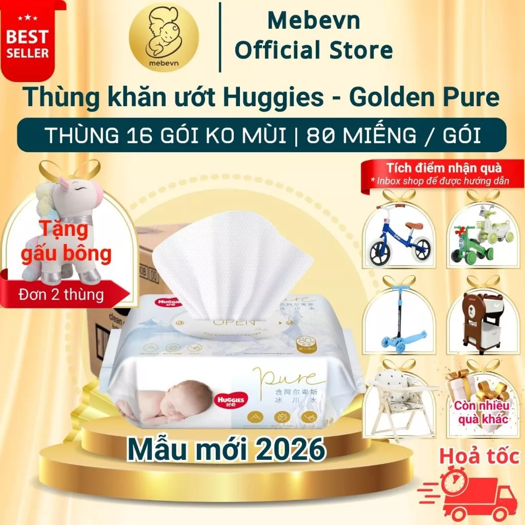 [FBS] Thùng 16 gói khăn ướt Huggies Golden cao cấp, khăn ướt Huggies cho bé không kích ứng da.