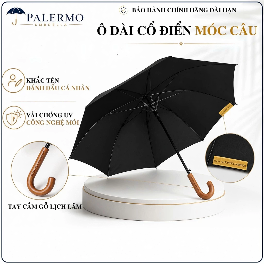 Ô dù che mưa che nắng cao cấp PJ25 Palermo tay cầm gỗ móc câu lịch lãm, chống gió cấp 7, ngăn 99% UV